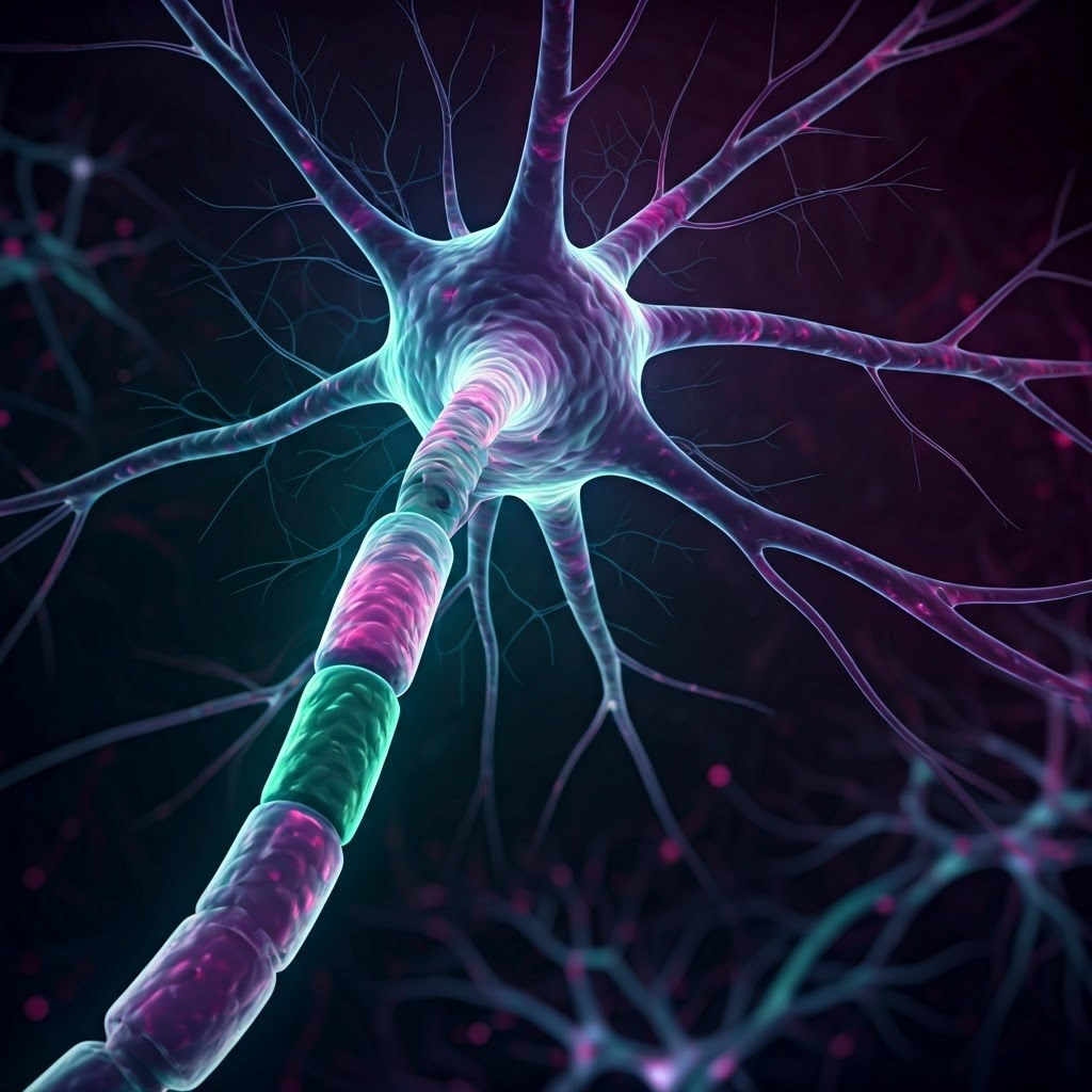Glowing neuron branches pulsing with electric light against a dark network backdrop