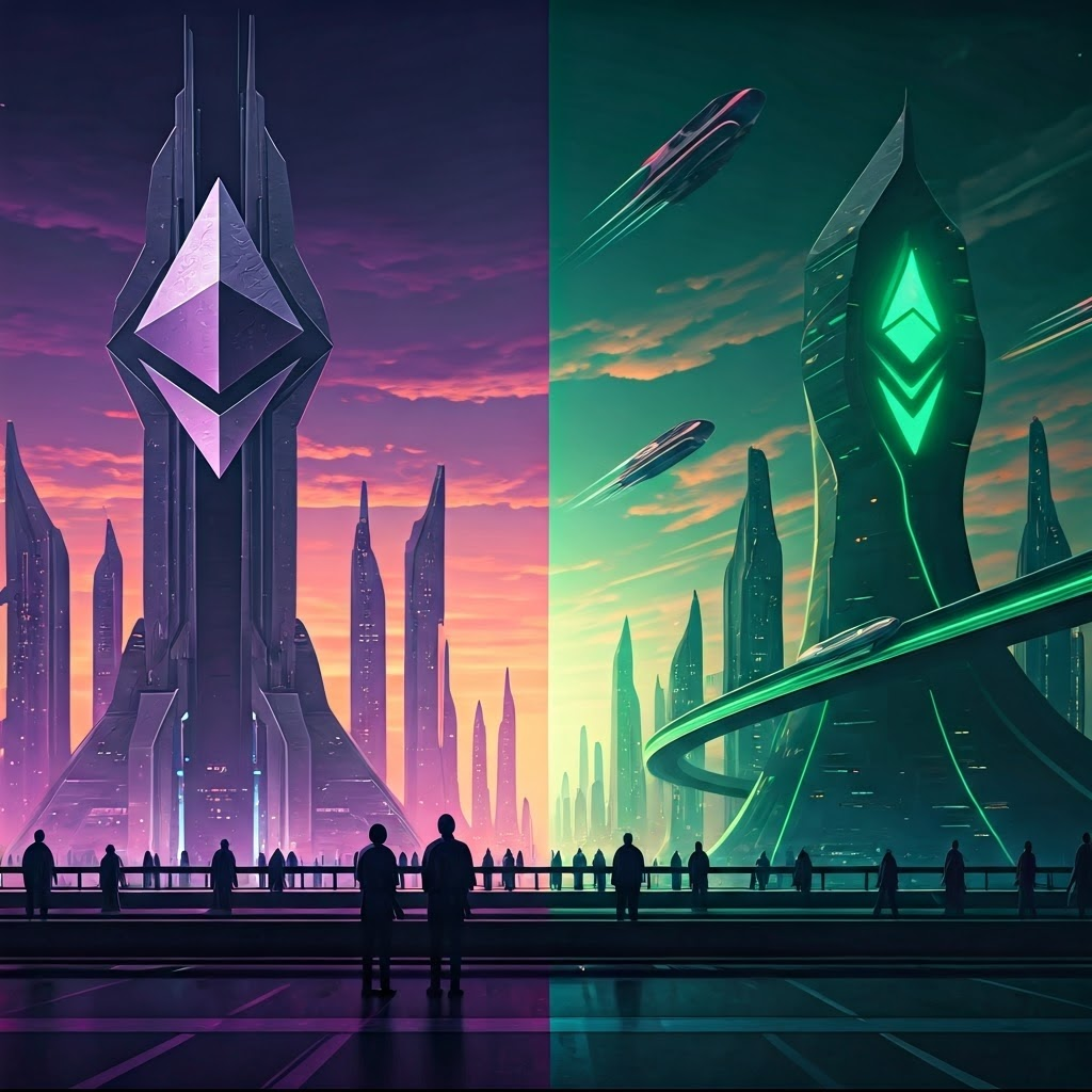 Side-by-side view of Ethereum’s careful pace and Solana’s rapid throughput highlights trade-offs