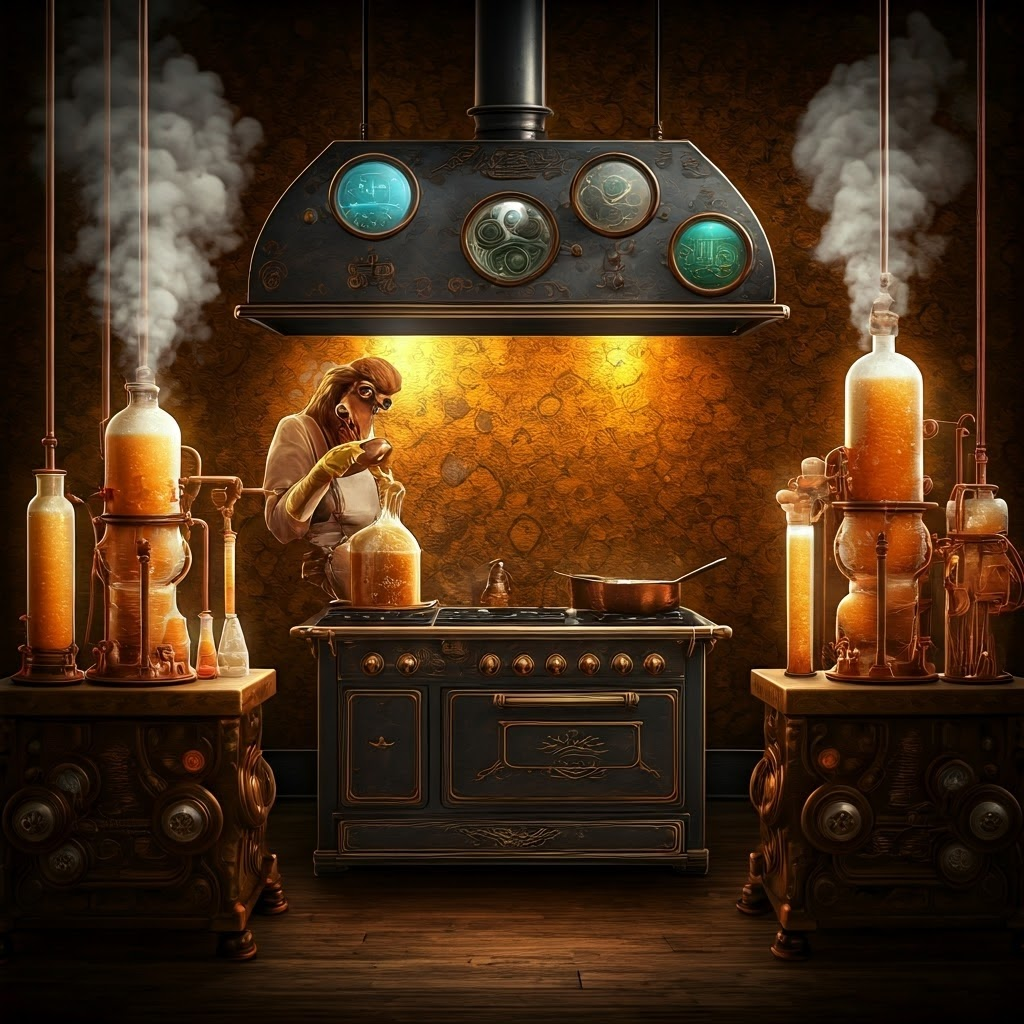 Whimsical kitchen lab scene portraying sugar cooking as playful science.