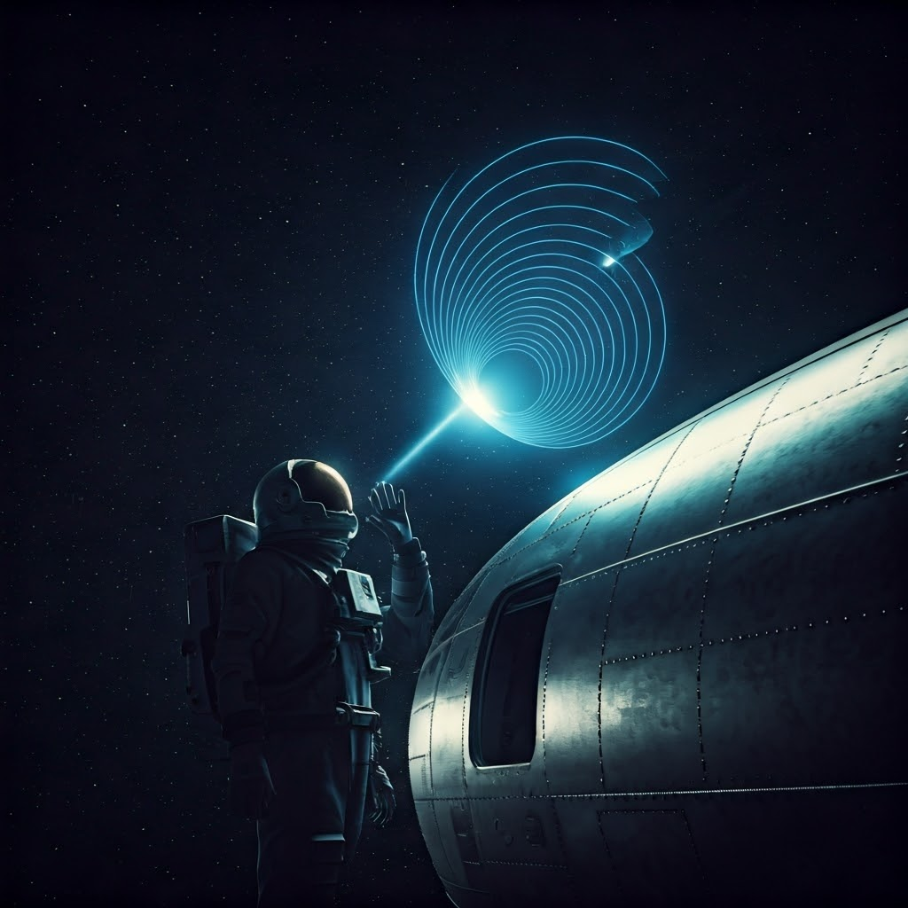 An astronaut in a reflective helmet releases swirling blue radio waves toward a distant planet, illustrating the challenge of space communication.