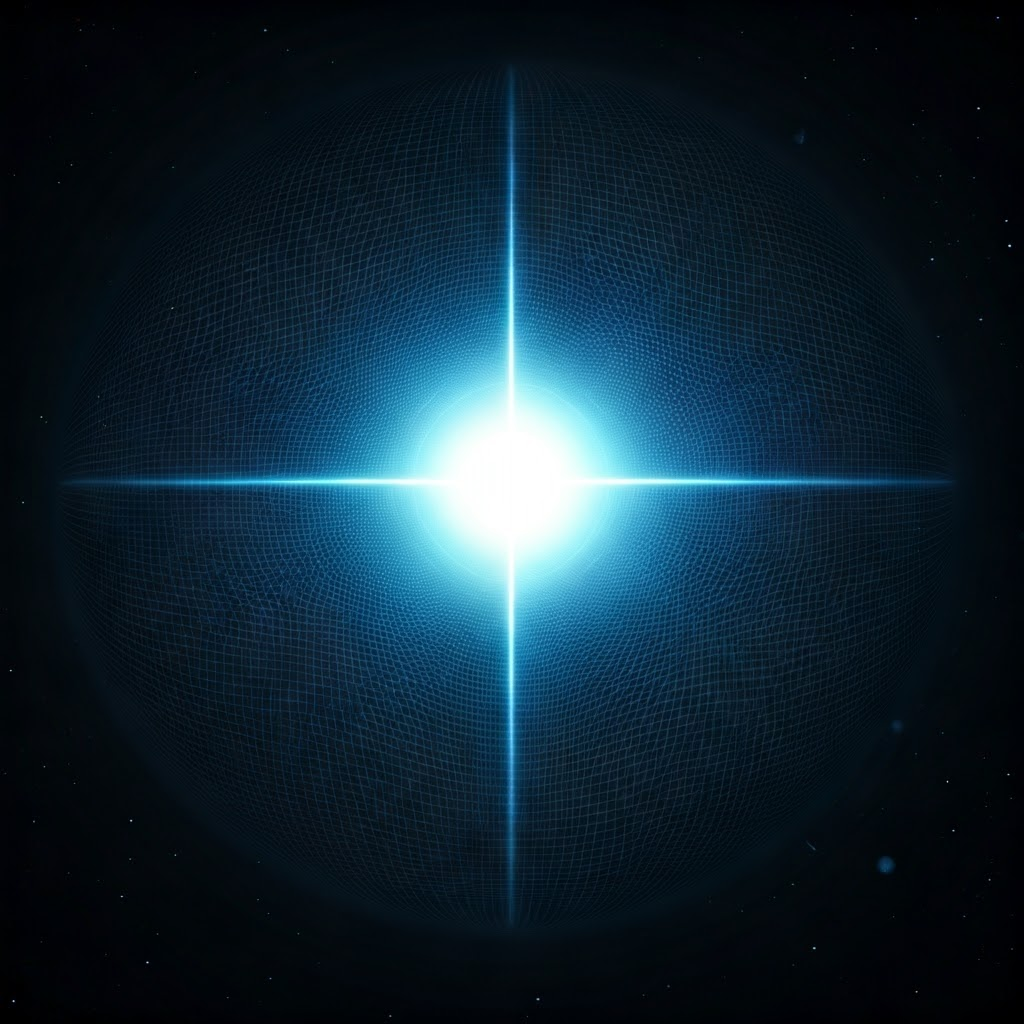 A bright center stretches a grid outward, capturing the rapid growth of space