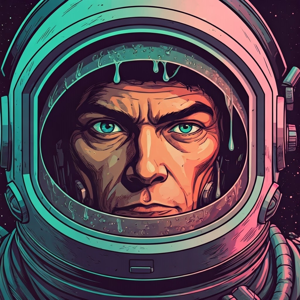 A retro comic panel shows an astronaut squinting through a smeared field of view