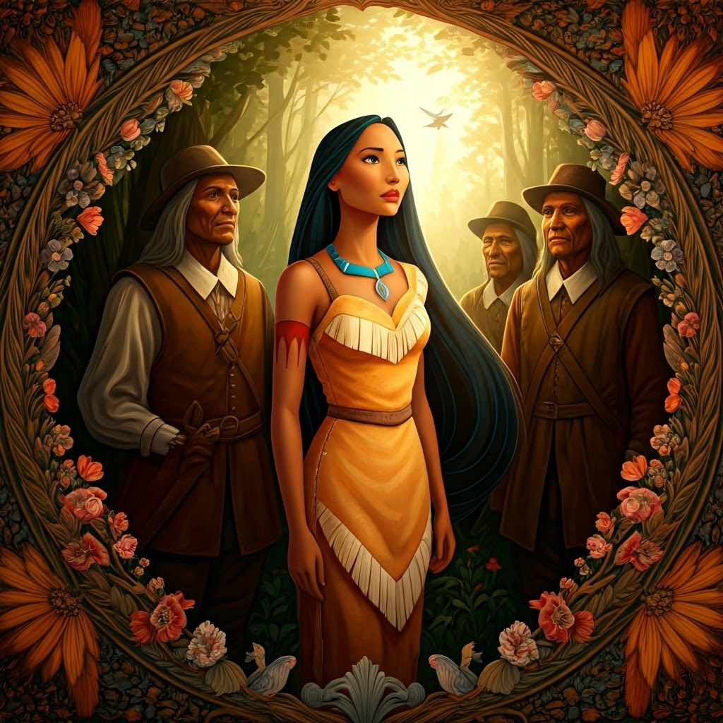 Pocahontas stands between English settlers and Native elders, gracefully bridging two cultures in forest light.