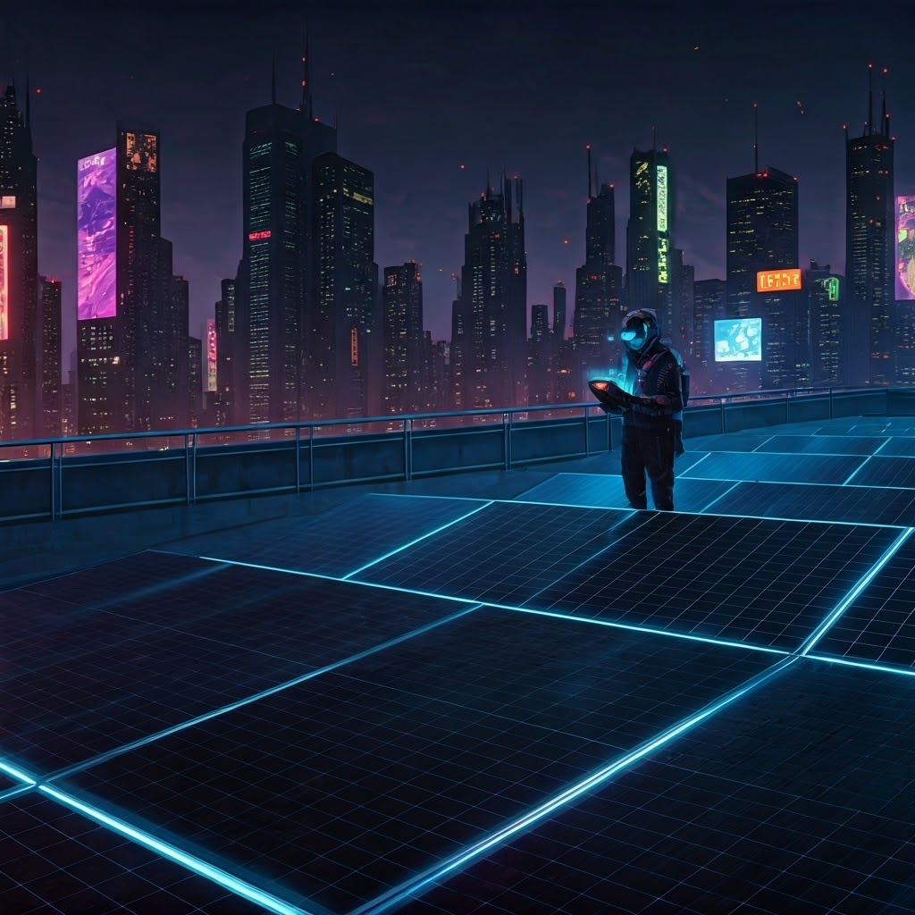 Futuristic rooftop packed with glowing solar panels under neon city lights—underscores solar’s urban potential