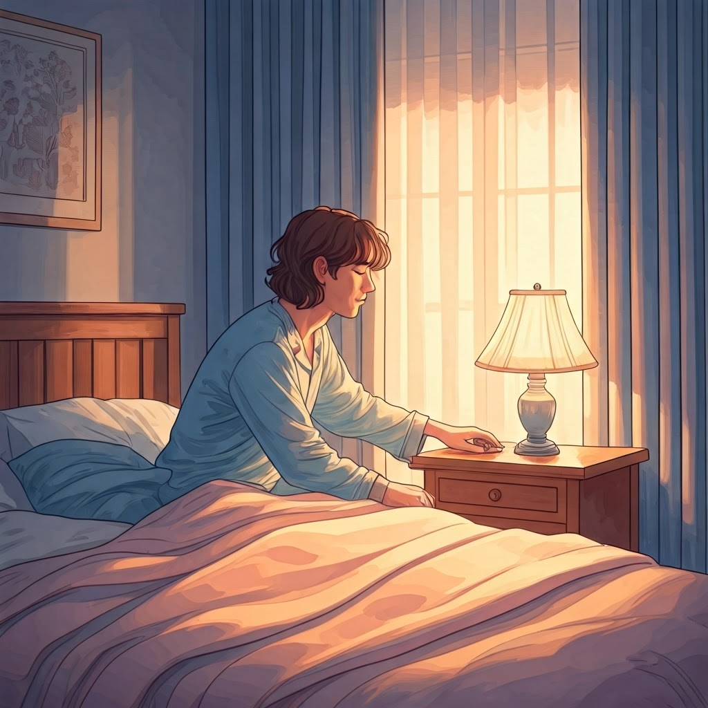 Person turning on a bedside lamp at dawn, illustrating electrical energy becoming light and heat.