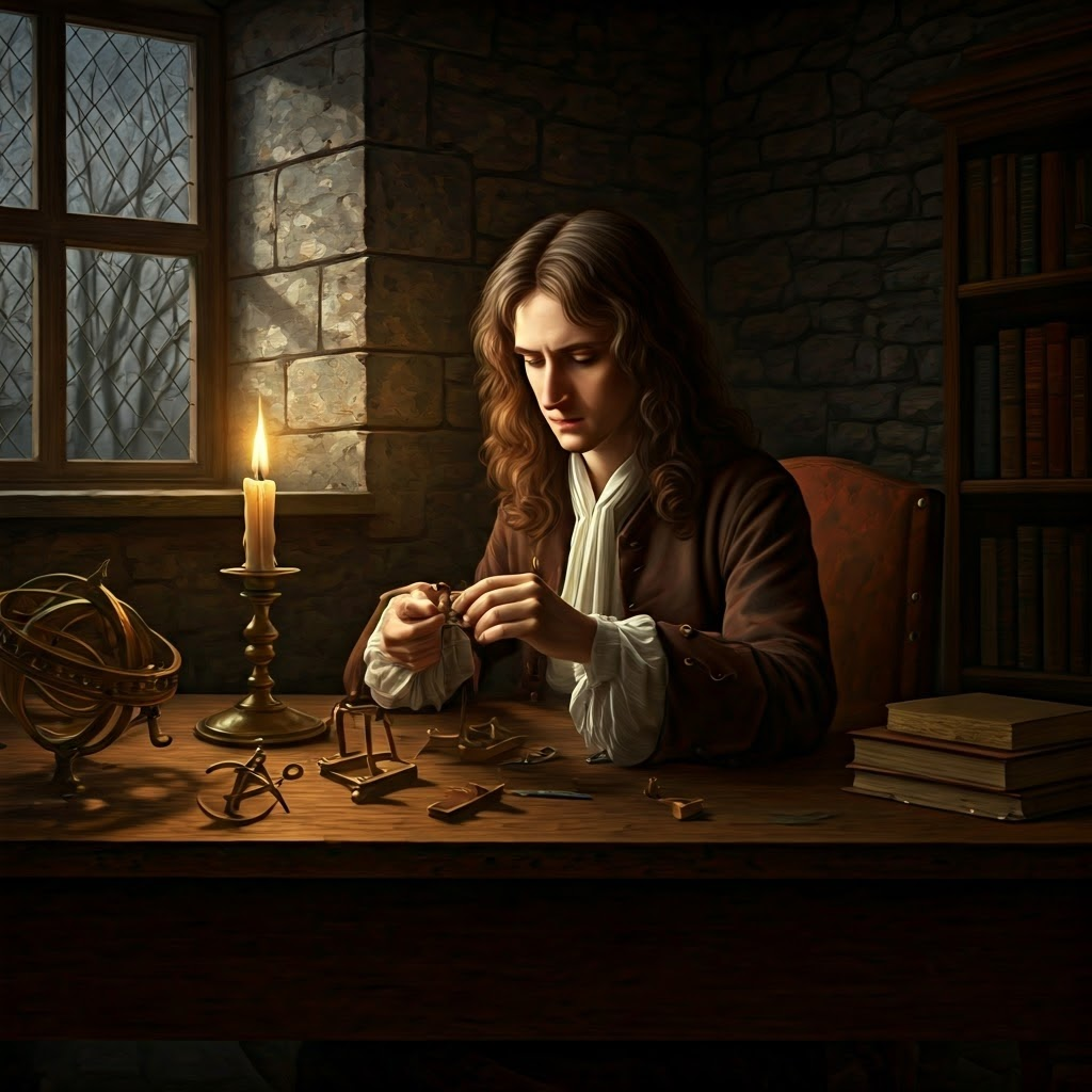 Candlelit chamber where young Newton builds small mechanical toys beside a brass sundial while storm clouds gather outside.