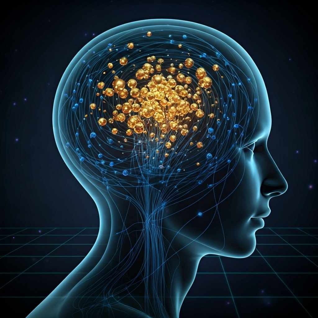 Digital artwork showing brain regions for daydreaming and focus connected by glowing threads