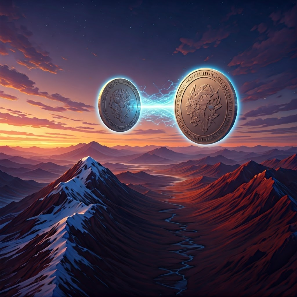 Two glowing coins hovering above distant peaks, linked by a shimmering energy beam across the sky