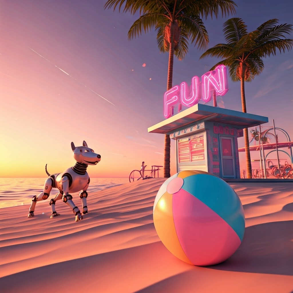 Playful VR beach resort at sunset with oversized pastel beach ball, neon "Fun" sign, and barking robot dog
