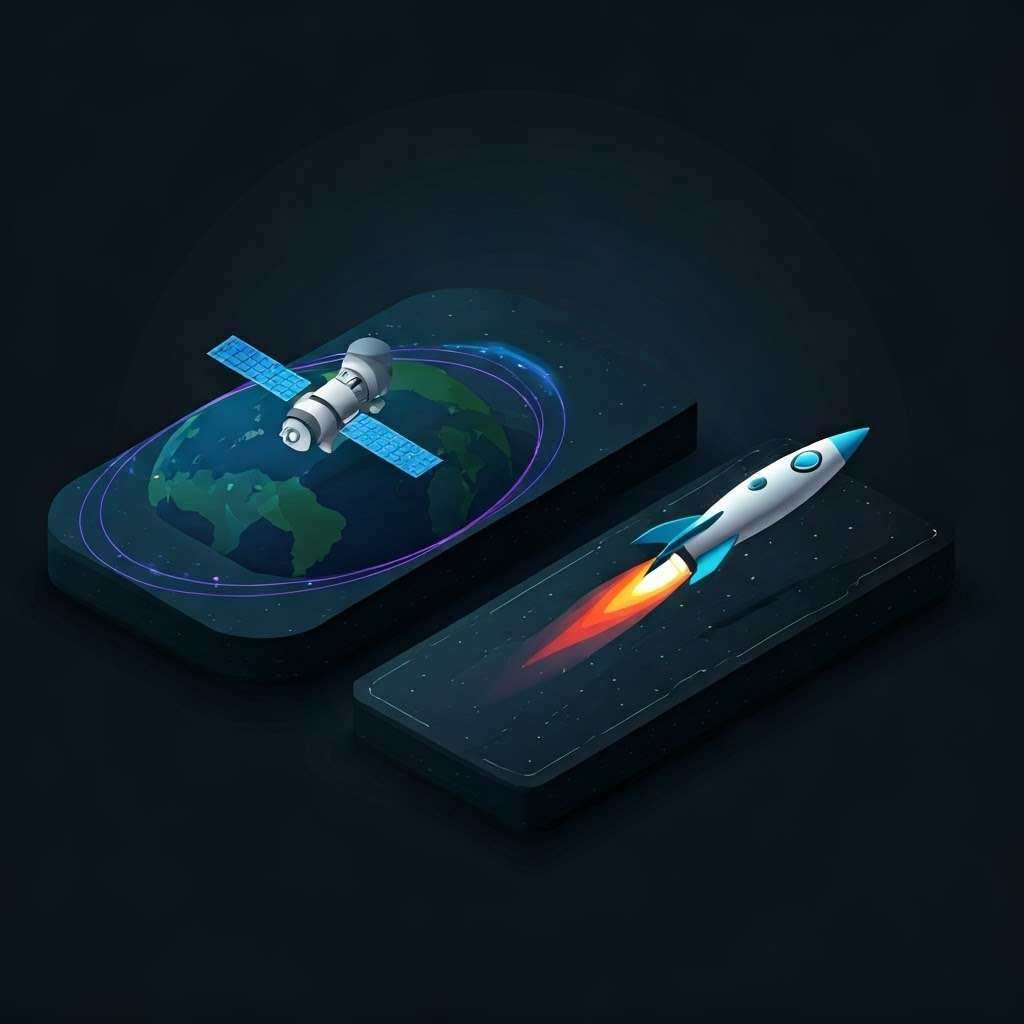 Side-by-side graphic: a drifting satellite and a coasting rocket, lines show motion paths.