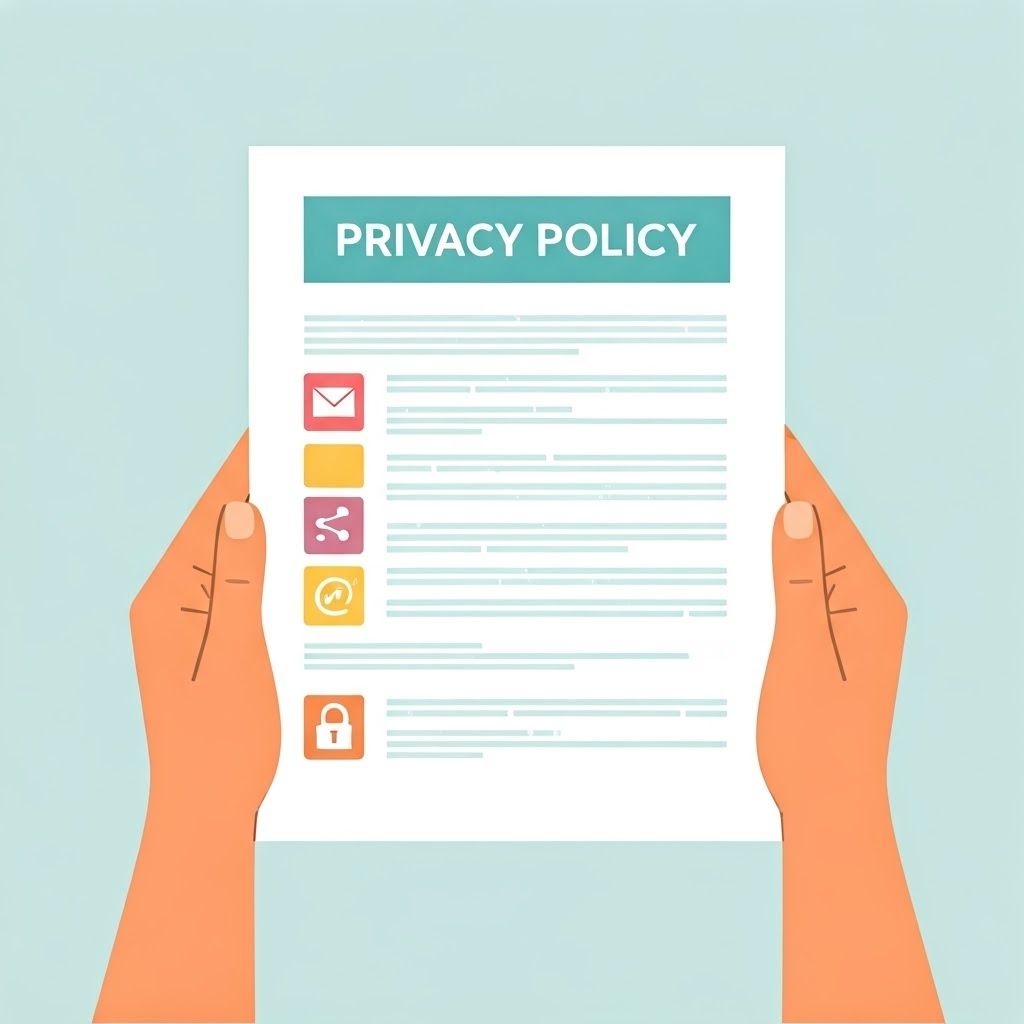 Hands holding a plain-language privacy policy sheet with friendly icons and bullet points, representing clear communication.