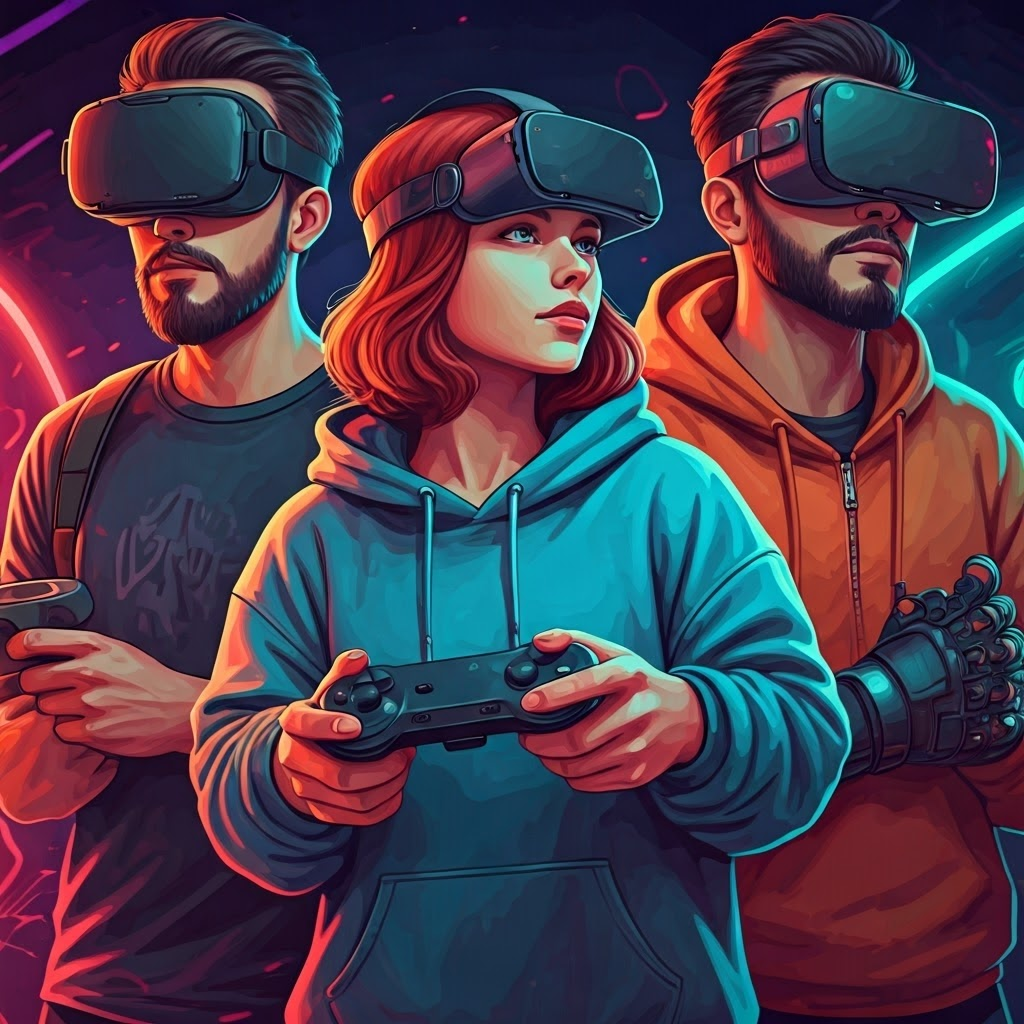 People demonstrate different VR controllers—gamepad, wand, and glove—in a neon cyberpunk arcade, vibrant lighting