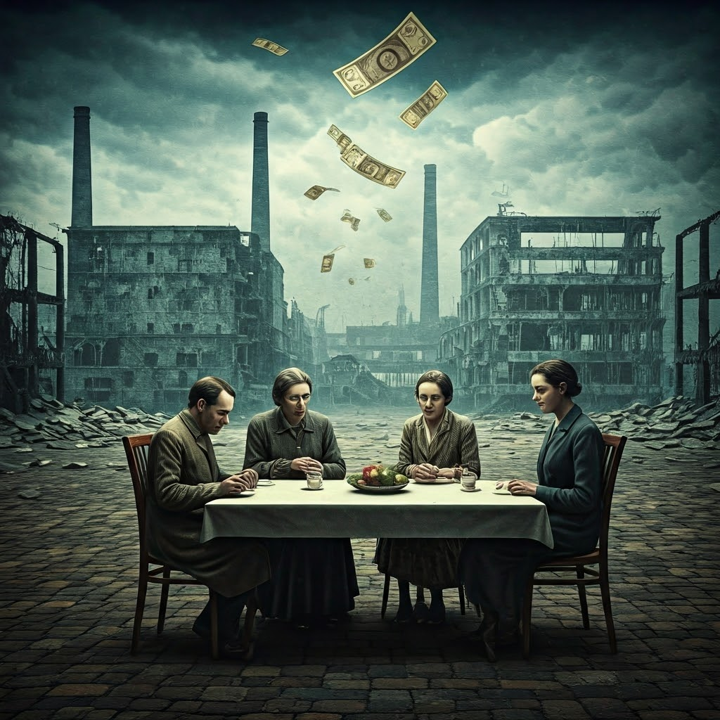 German family faces empty table as floating banknotes highlight 1923 hyperinflation