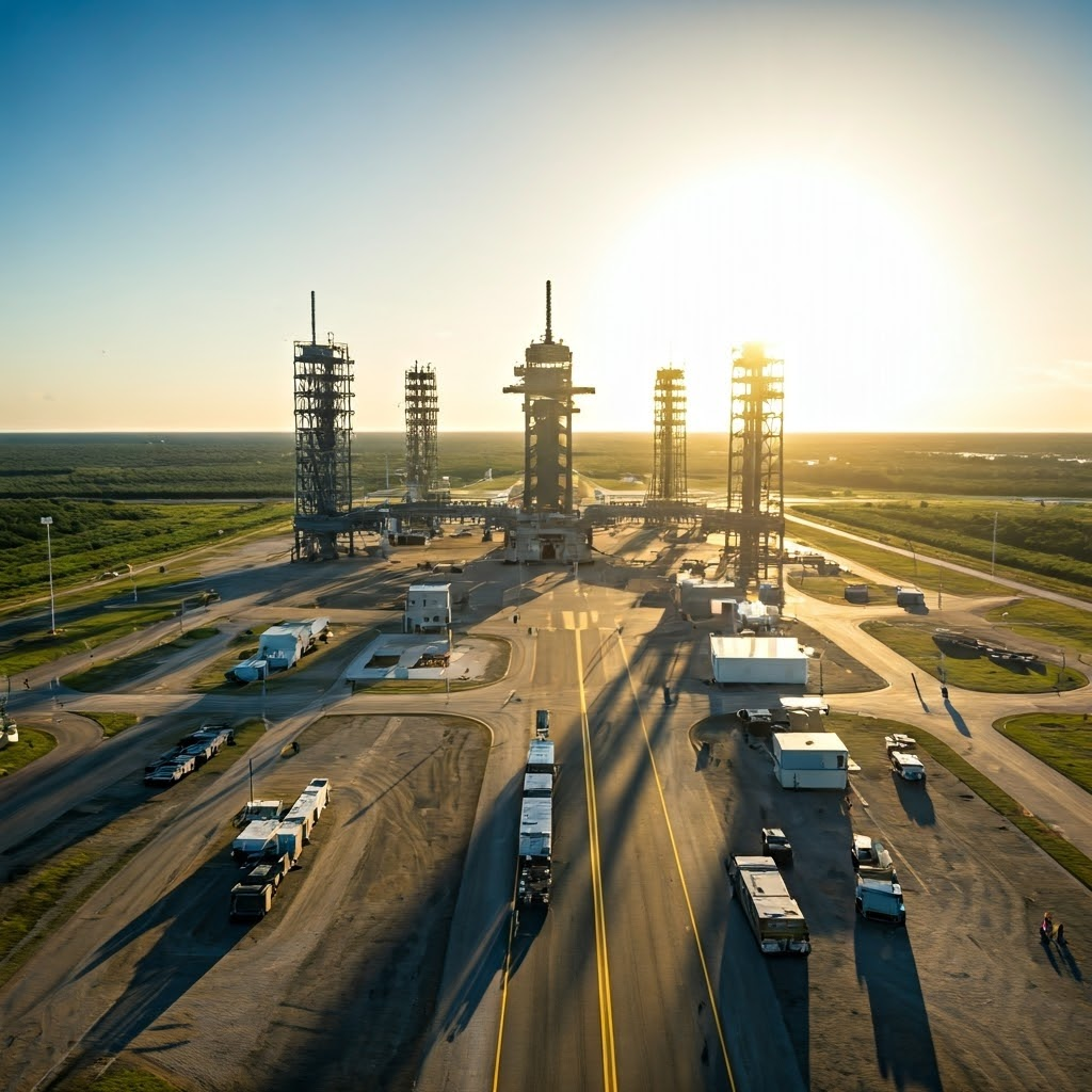 Wide aerial view of a busy coastal launch complex with several pads