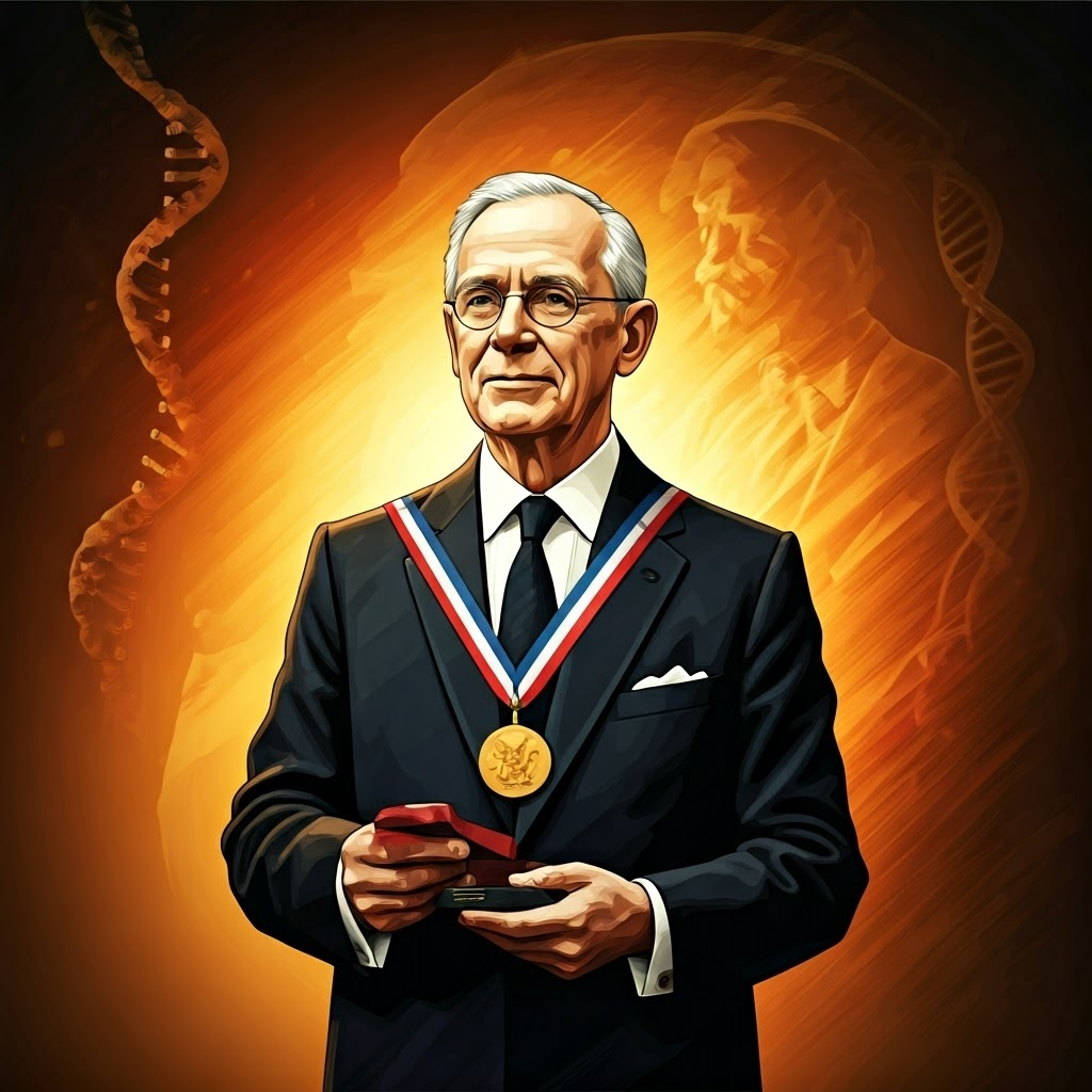 Fred Sanger receiving a Nobel medal with DNA strands and a genome map in the background.