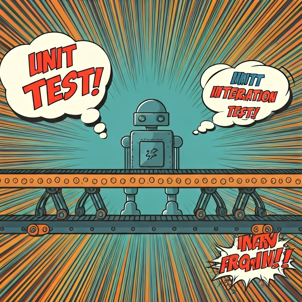 A comic-style assembly line labels stages as unit and integration tests with vibrant colors