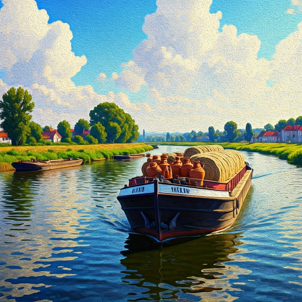 Pointillist barge glides with pottery and wool toward distant markets.
