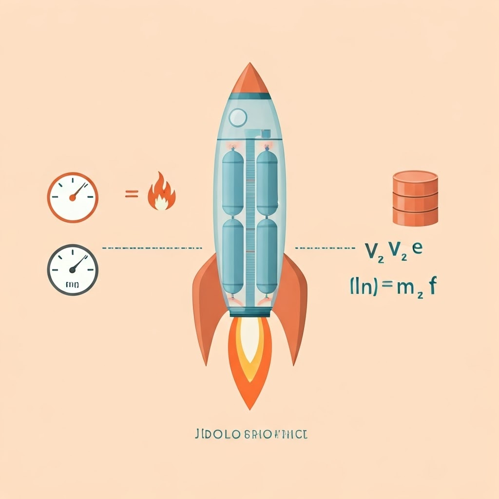 Cutaway rocket with formula Δv = vₑ · ln(m₀/m_f) floating beside.