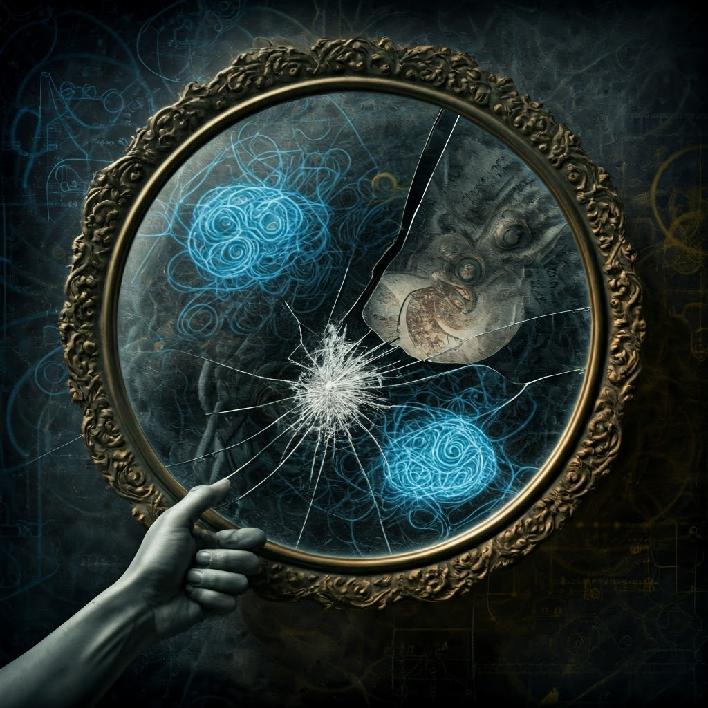 A figure holds a cracked mirror whose shards reflect swirling brains and warped clocks, symbolizing hidden thoughts meeting scientific upheaval