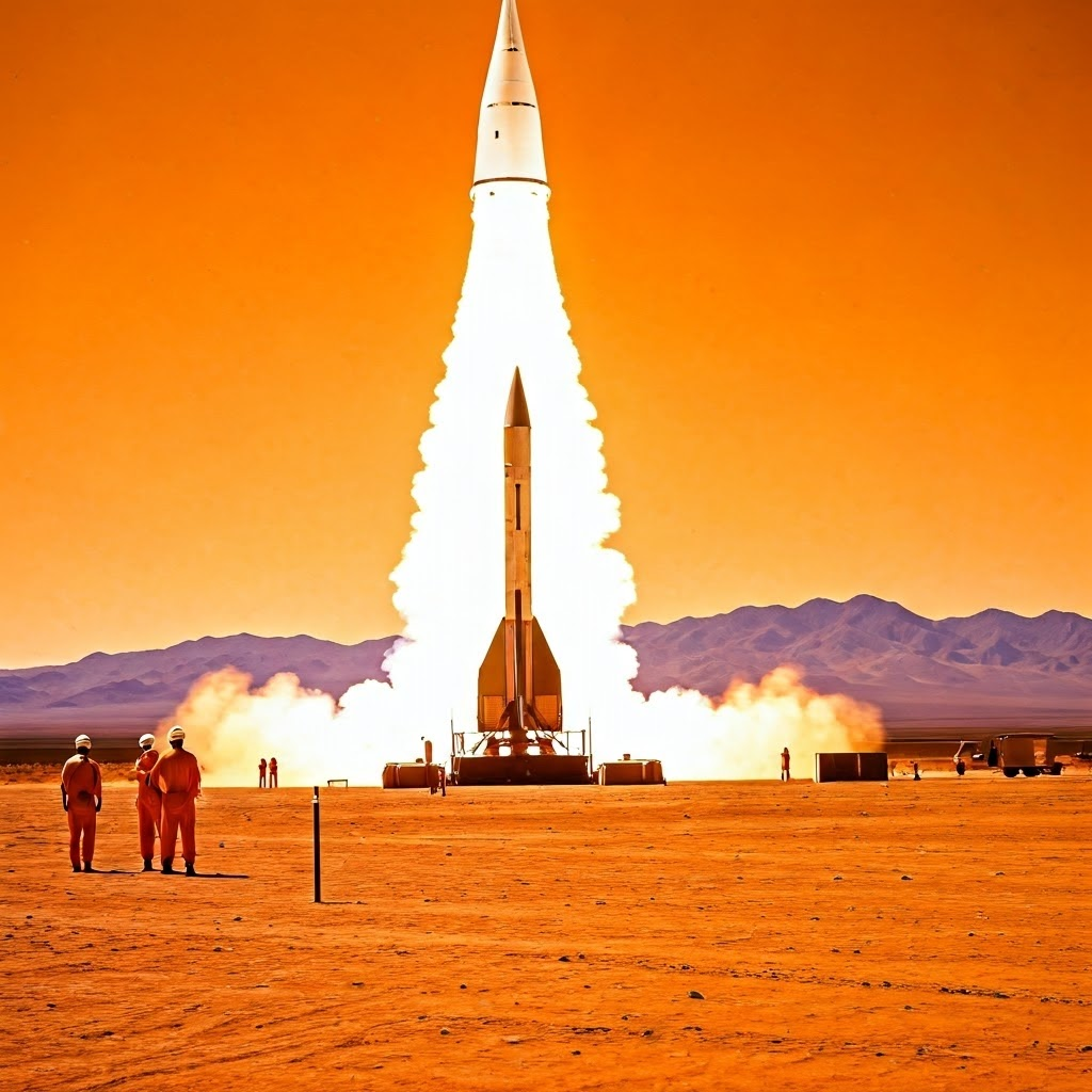 A 1960s NERVA test engine in the Nevada desert emits a blinding plume while engineers in period gear watch