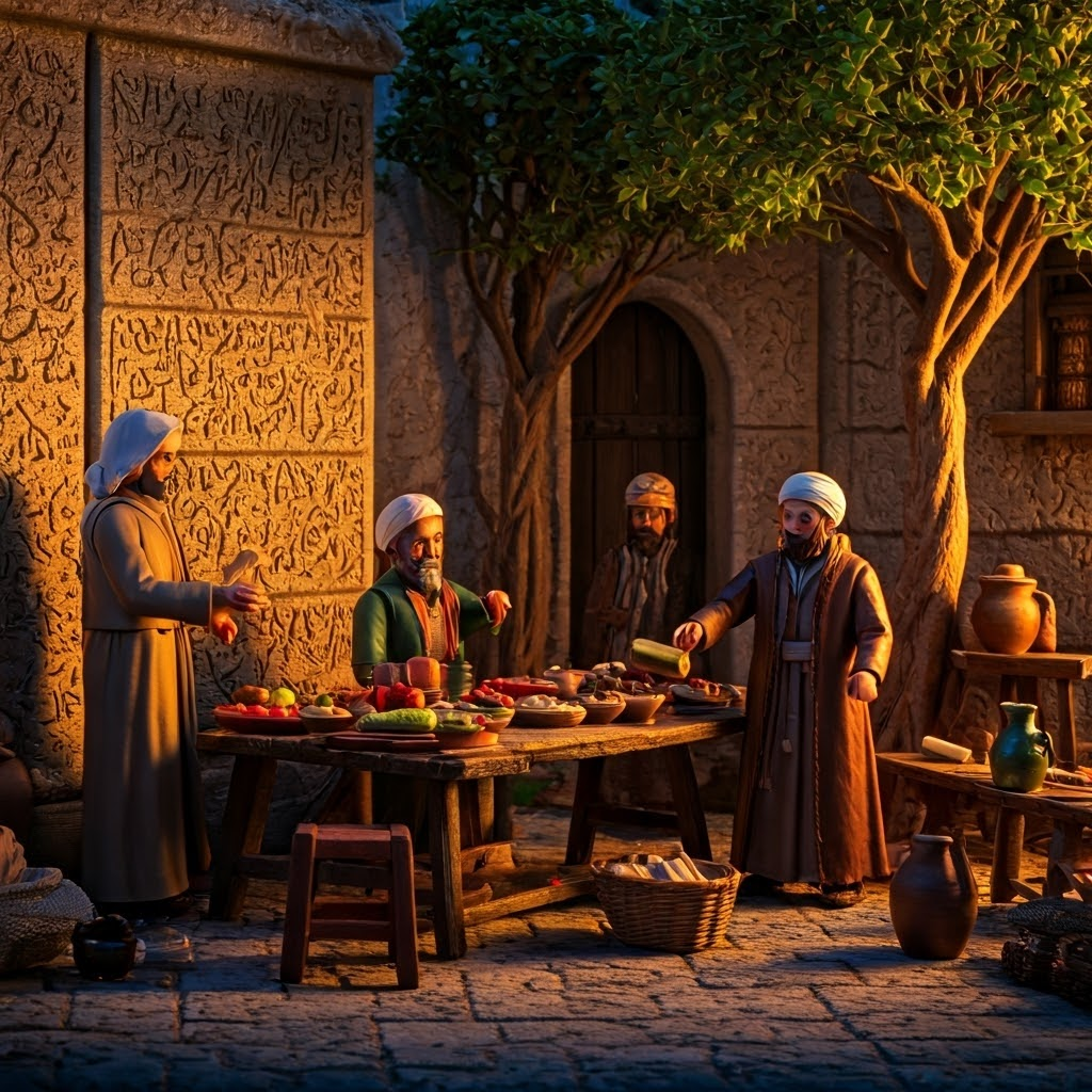 Neighbors sharing food in a golden-hour courtyard showing ancient codes alive in daily life