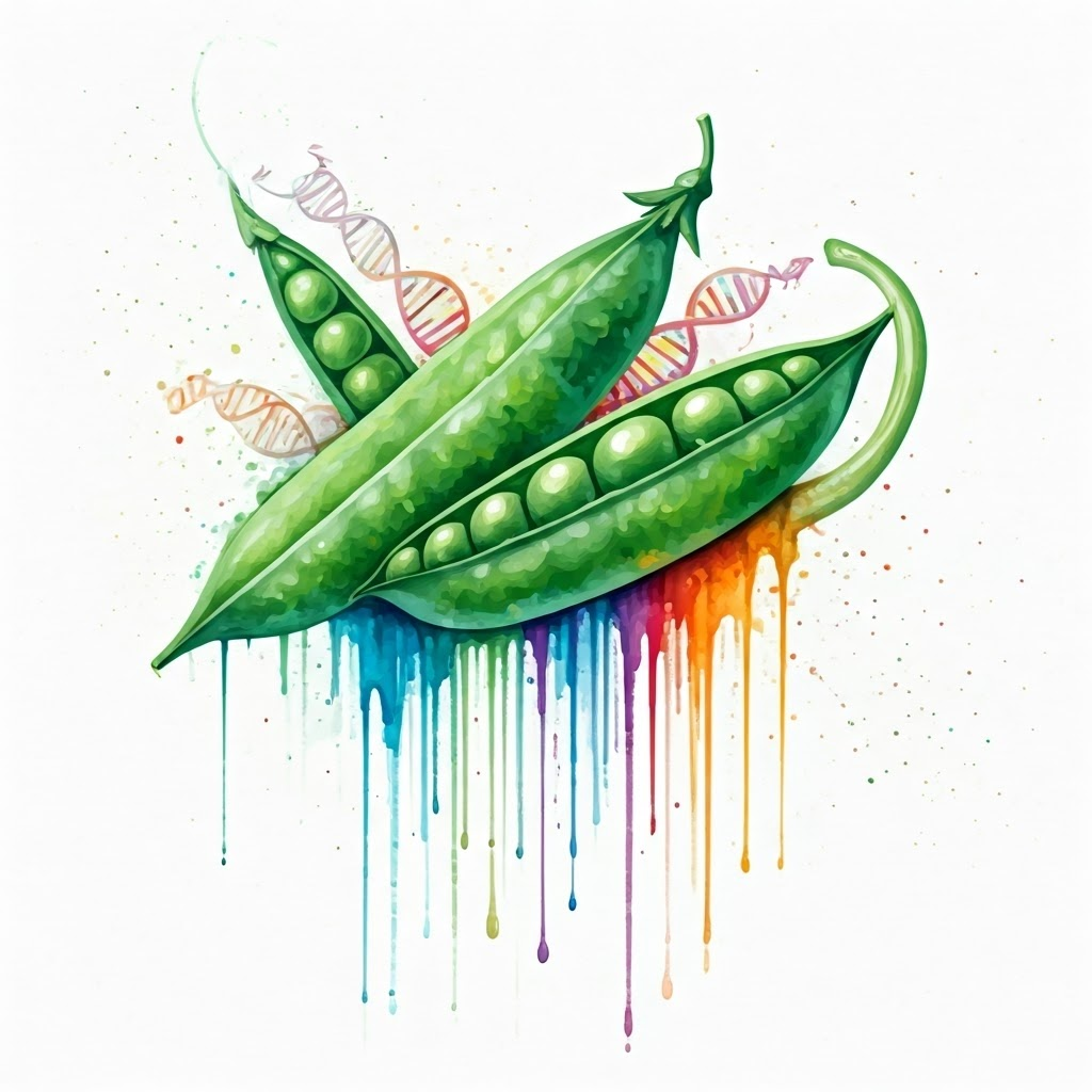 Abstract watercolor merging pea pods with swirling DNA strands