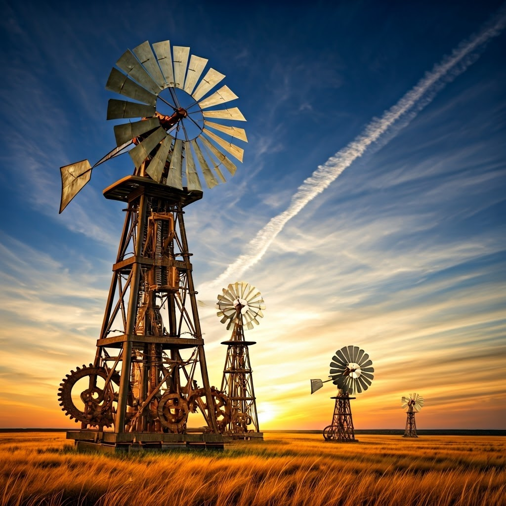 Steampunk scene blending antique windmills with sleek turbines.
