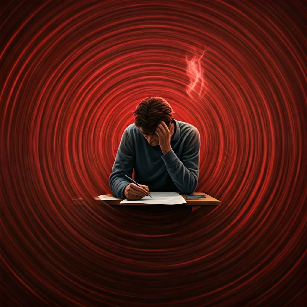 Student freezing in an exam hall as red emotions swirl, depicting cognitive overload.
