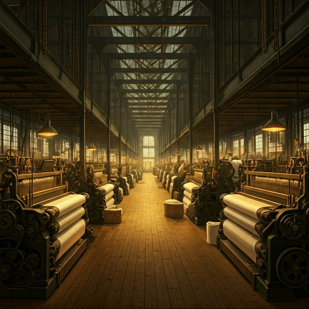 Oil-style painting of a dusk-lit textile mill packed with power looms and workers under gas lamps