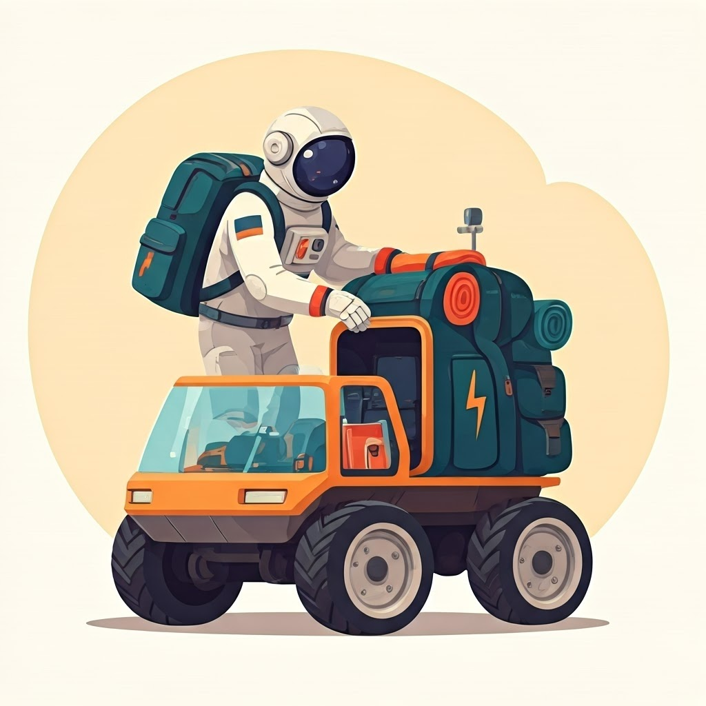Cartoon astronaut packing batteries, fuel cells, and flywheels into a small rover like camp gear