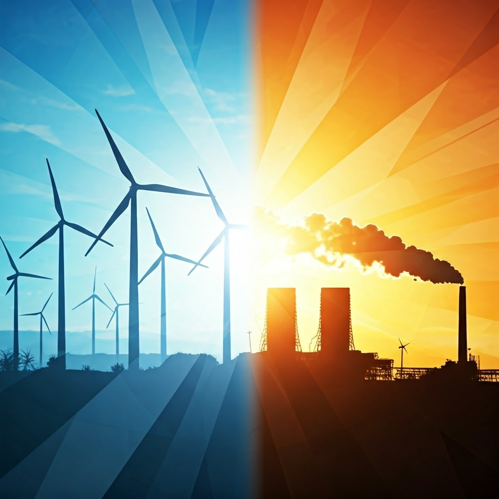 Split image contrasting wind turbines with coal plants under a bright sky.