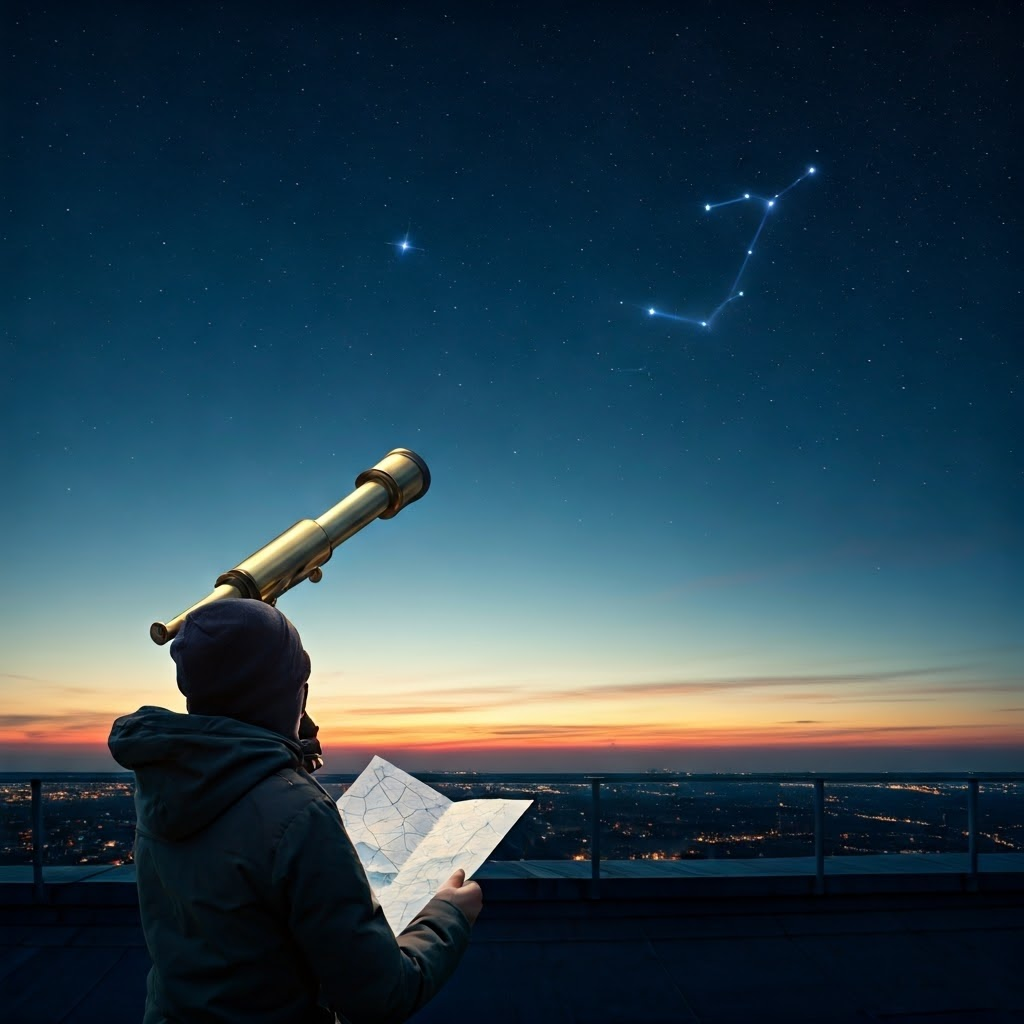 At dawn, a person on a rooftop uses a brass telescope while a folded star chart rests nearby; the Big Dipper and North Star gleam above.