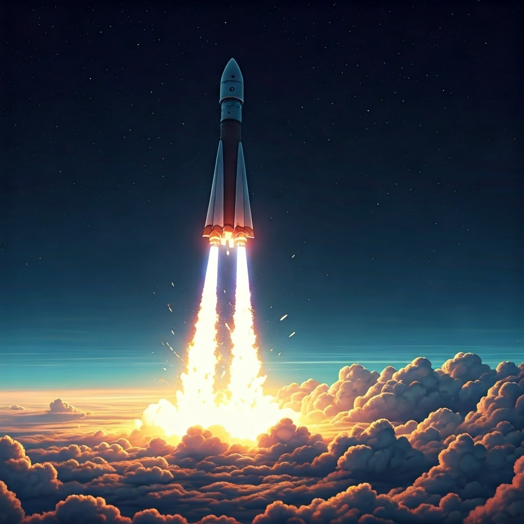 Artistic snapshot of a rocket in flight just as the fairing splits and the first stage separates, showing multiple stages at work