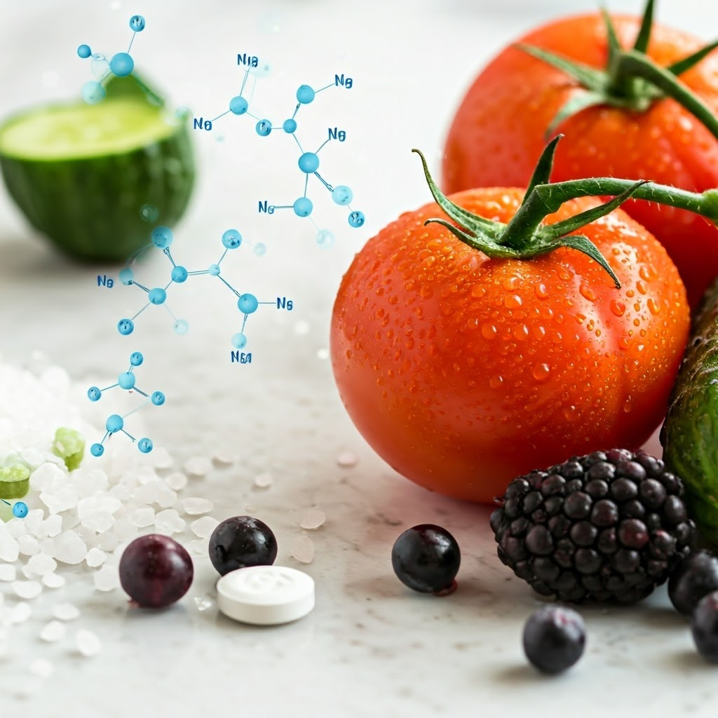Fresh produce covered in droplets near salt and calcium, with subtle water and ion diagrams, underlining moisture’s role in food.