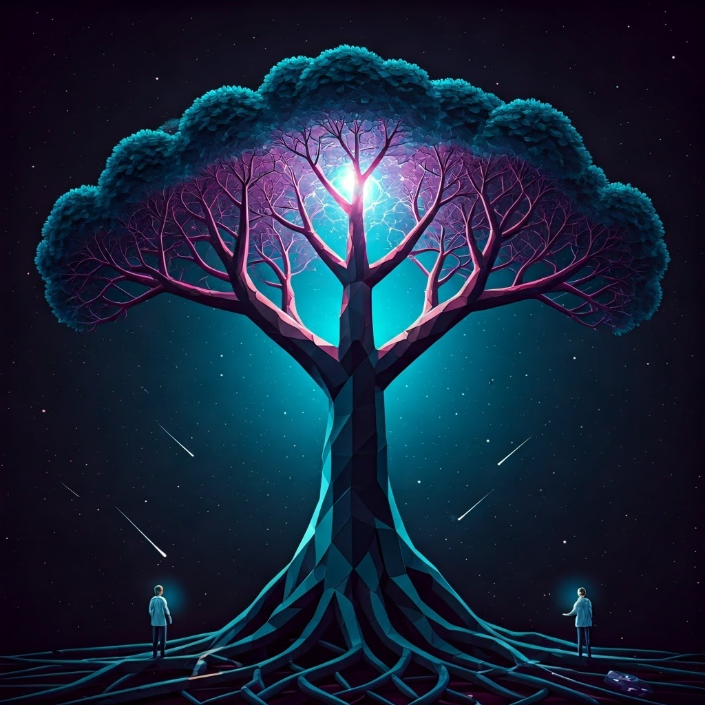 A vast cosmic tree branches into countless paths, each tipped with a scientist observing an electron against a starry sky