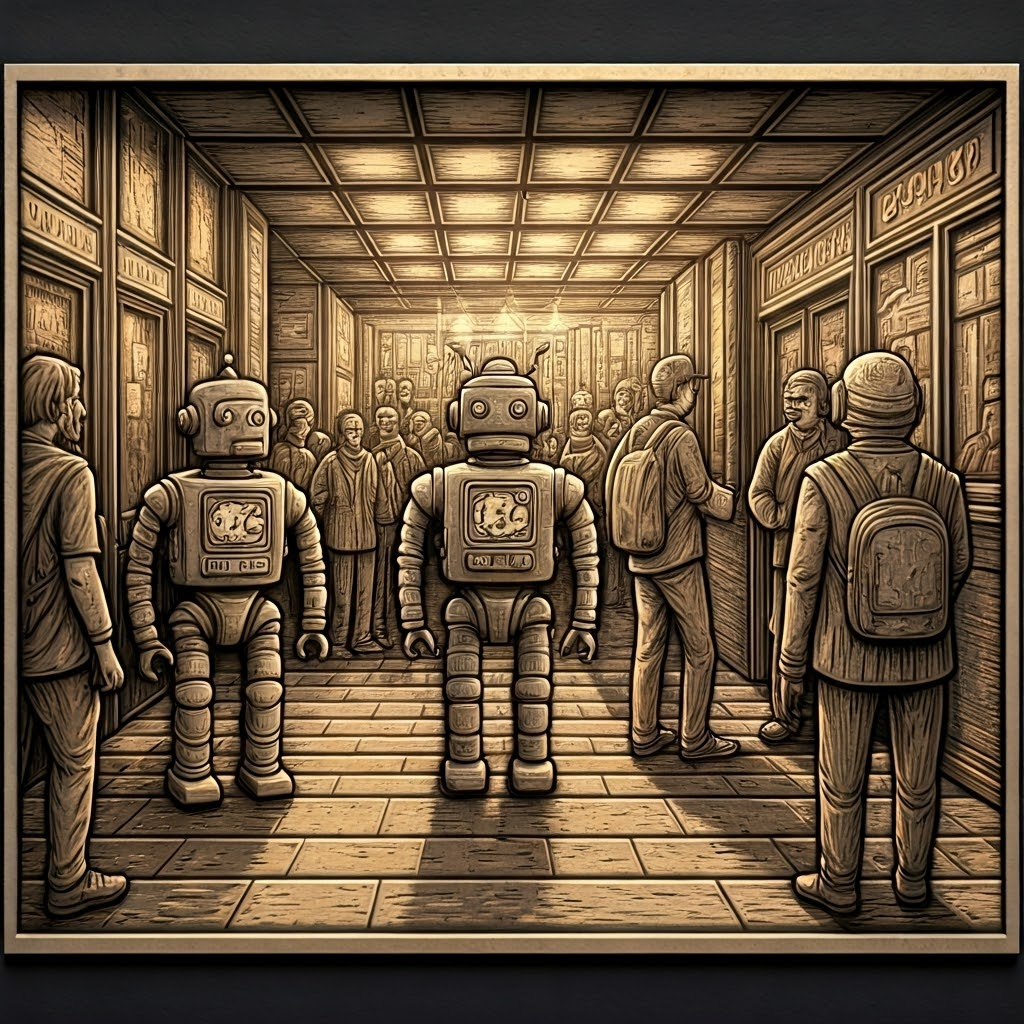 Woodcut scene of robots using speech bubbles, lights, and waves among people, illustrating blended communication cues