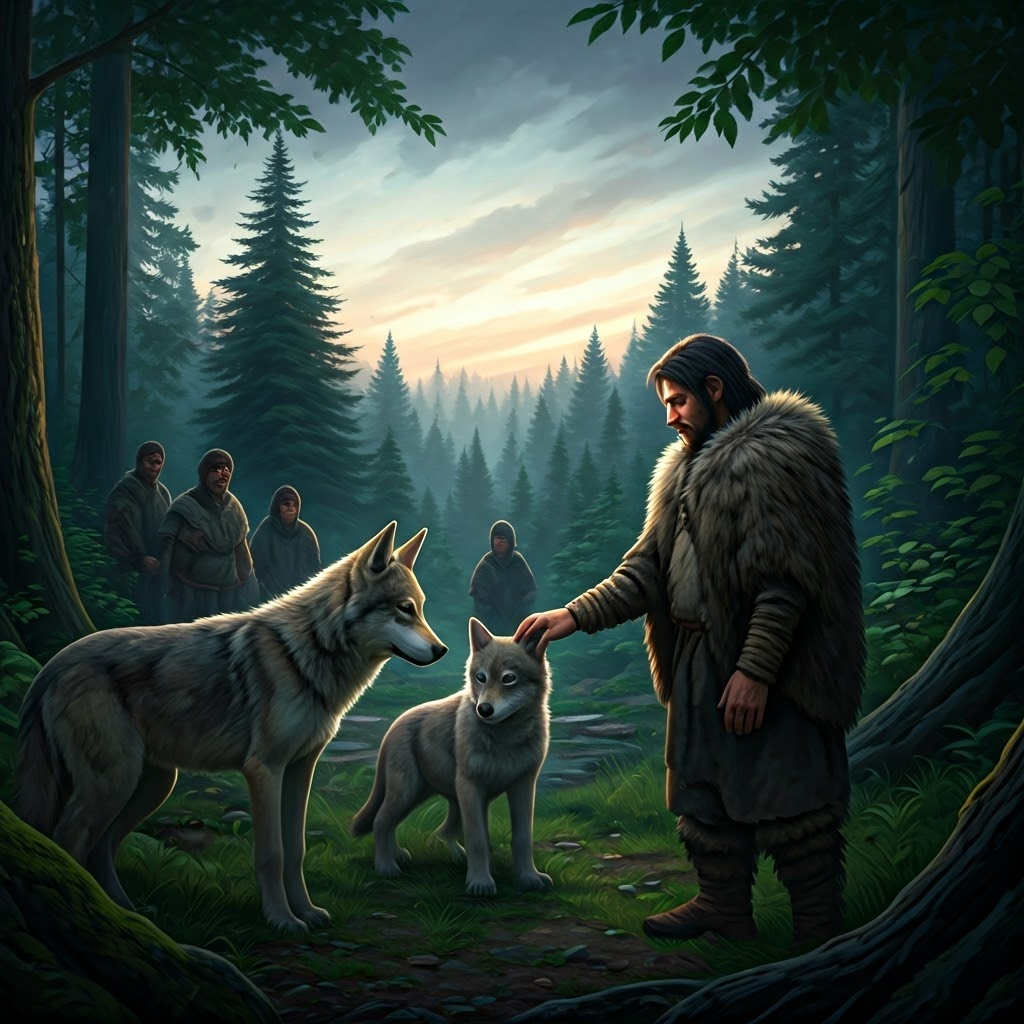 Early humans interact with wolf pups, capturing the start of dog domestication.