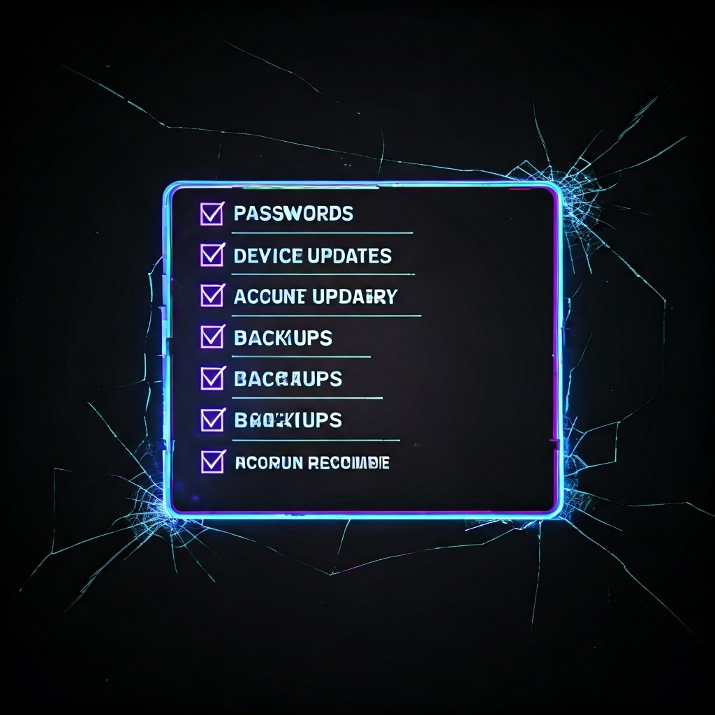 Checklist items—passwords, updates, backups, and 2FA—scroll on a glitching screen, hinting at urgency.
