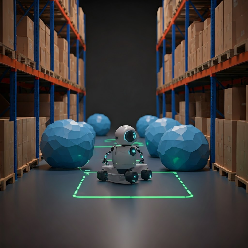 Round robot rolls past enlarged, puffy obstacle shapes in a warehouse aisle, its planned green path curving through clear gaps