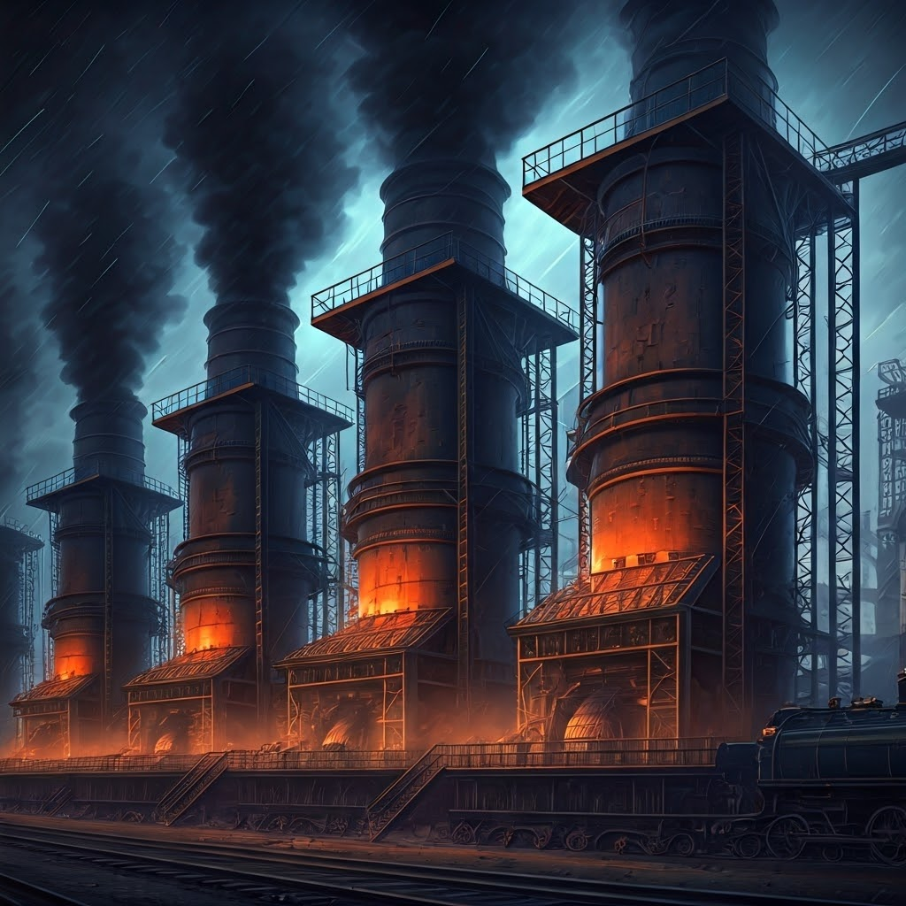 Row of massive industrial furnaces under a smoky sky, symbolizing the rapid growth of coke-fired ironmaking during the Industrial Revolution.