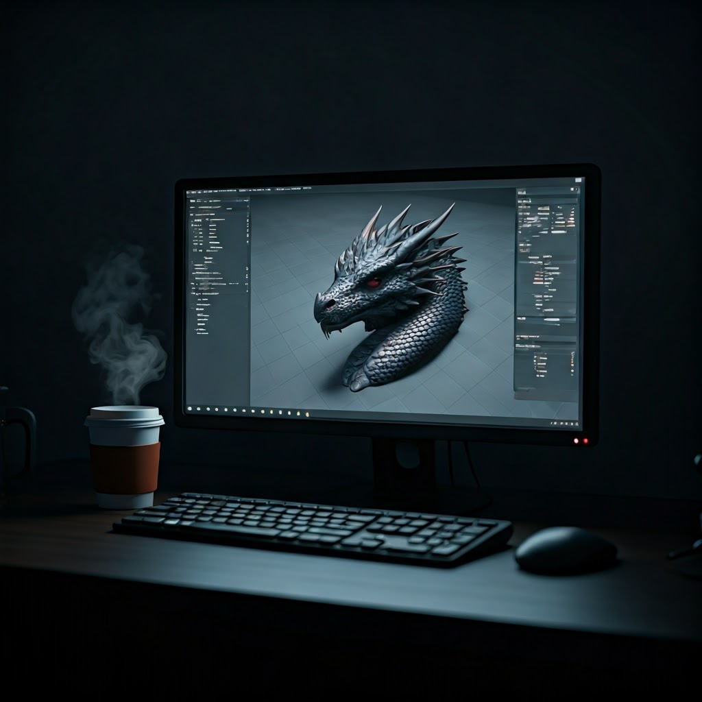 Photoreal creator at a desk glowing with a 3D dragon scale scene on the monitor