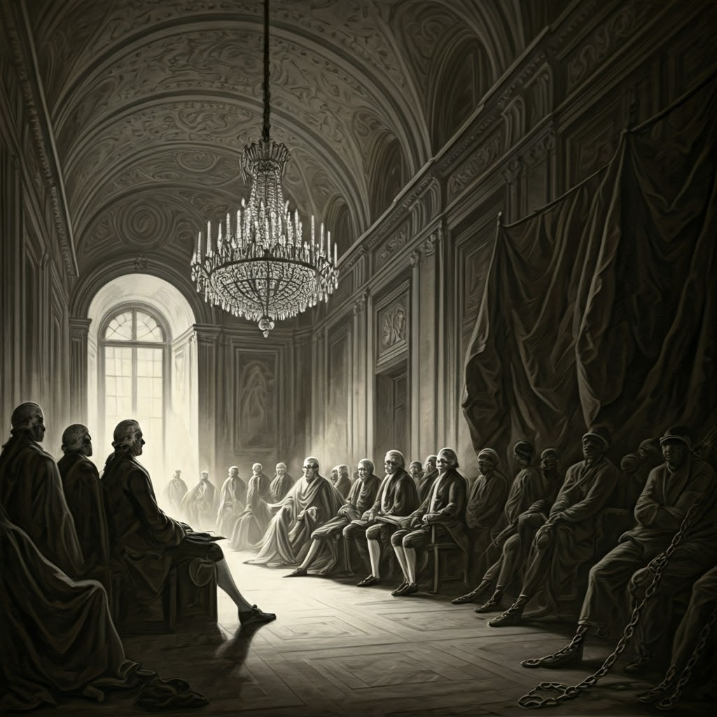 Grand hall of philosophers brightly lit while enslaved figures remain in shadow, highlighting Age of Reason contradictions.