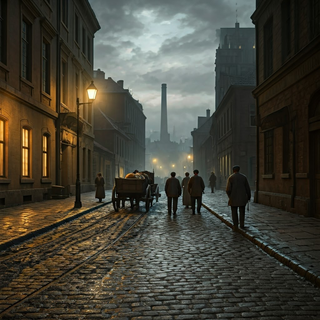 Muddy European street at dusk with gas lamps, weary workers, and distant factory smoke—capturing the gritty mood of early industrial cities