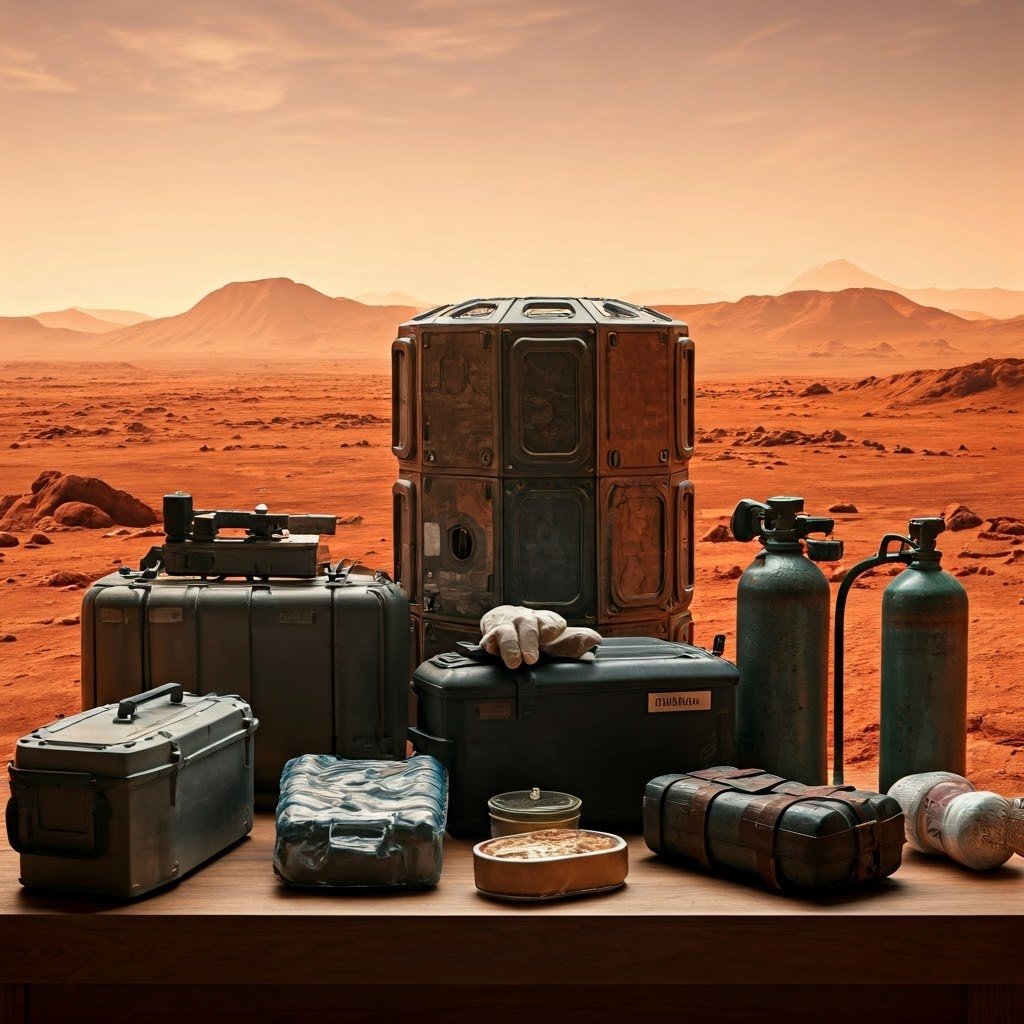 A table of water, oxygen, and sealed food sits before a sweeping Martian vista, underscoring careful mission prep.