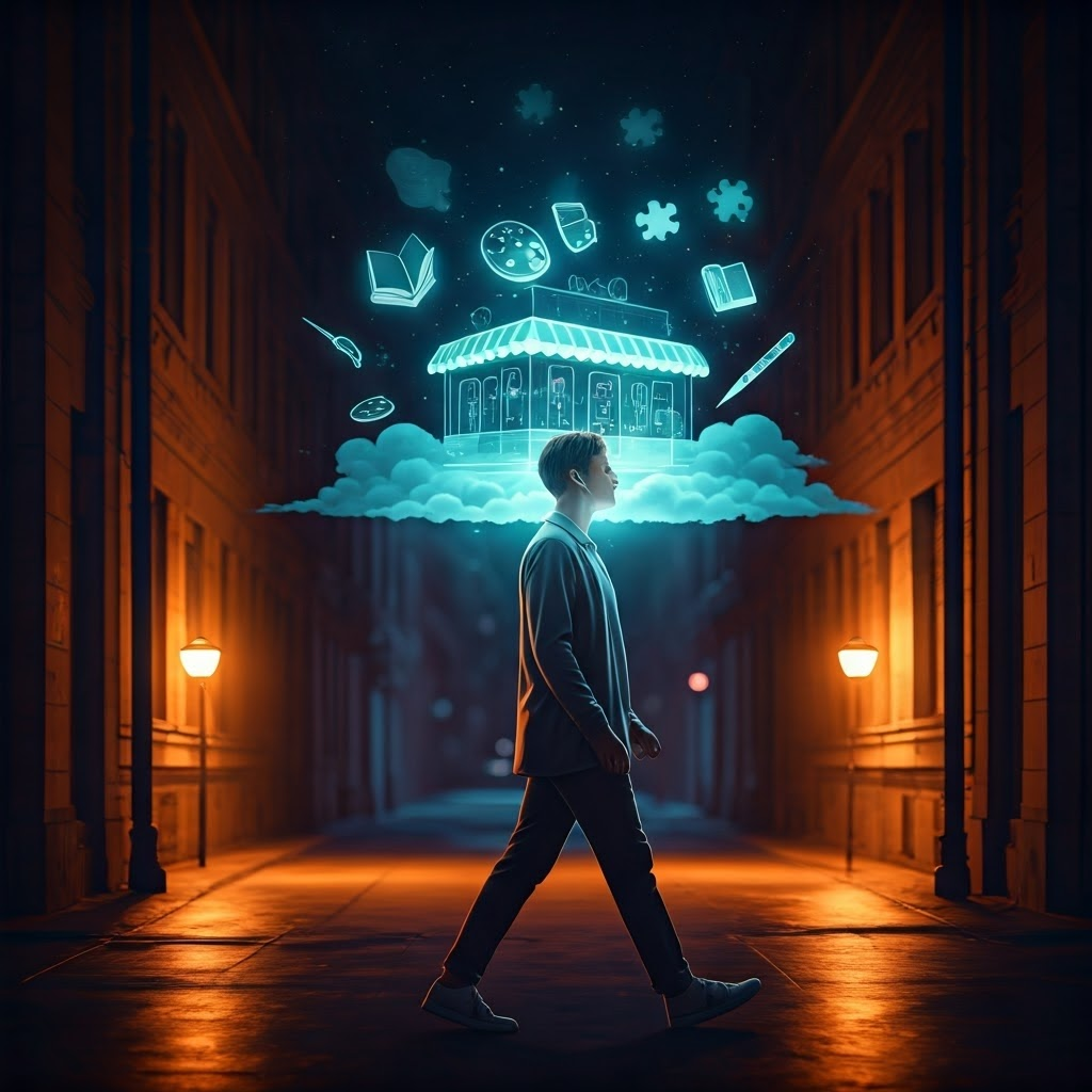 Mixed-reality scene of a person imagining a floating bakery while walking at dusk