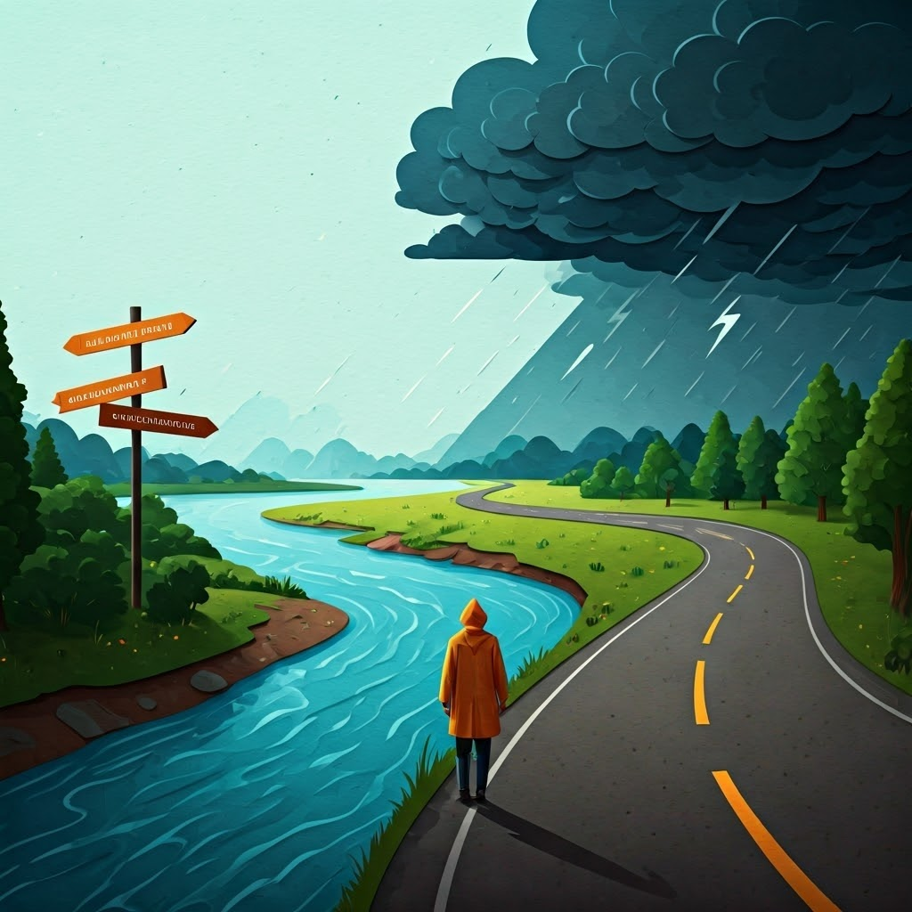 Collage showing river merging into signposted roads, depicting drivers and uncertainties steering future transport