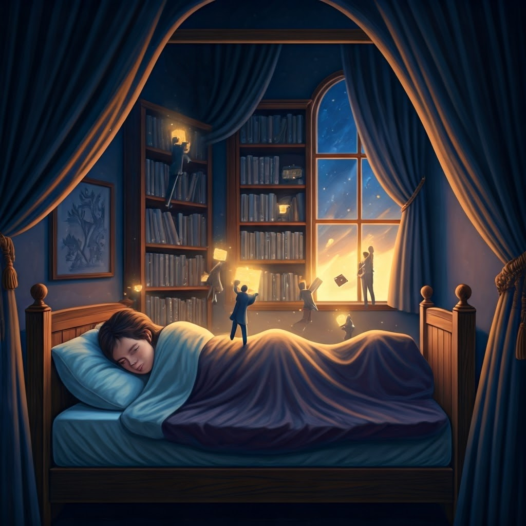 Person sleeping peacefully while tiny librarians sort glowing memory books, illustrating how the brain organizes memories during sleep