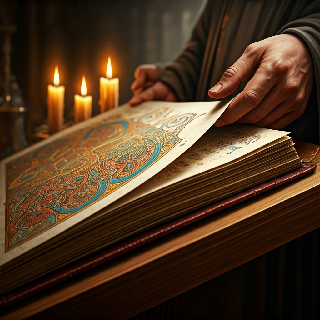 Close-up of an illuminated manuscript page highlights gold leaf and vibrant pigments used by medieval scribes.