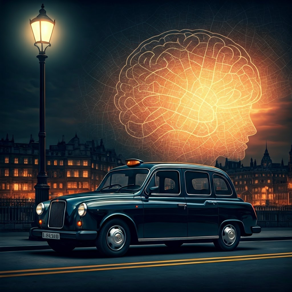 London taxi beside streetlamp, brain silhouette merging with a detailed city map to illustrate navigational memory.