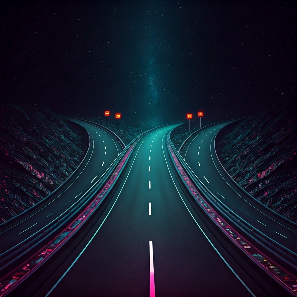 Glitch-style image of three neon highways made of neurons and fiber-optic cables fading into a starry void, hinting at fast, chaotic idea flow.